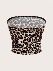 SHEIN EZwear Multicolored Leopard Print Strapless Top For Women - Khaki - View 2