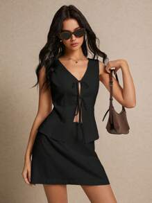 Poéselle Damen Sommer Set aus einfarbiger Frontbindungs Weste und Rock, lässiges Zweiteiler Set, Hochzeit Frauenkleid Set, Abschlusskleidung, Street Wear, kurzes Kleid mit Weste Anzug, kurzes Frauen Set - Schwarz - Übersicht 3