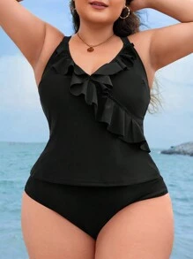 SHEIN Swim Curve Plus Ruffle Trim Tankini Set, Plus Size Swimwear Summer - Black - View 4