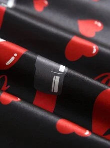 唇形和心形印花緞面背心睡衣上衣 - 黑色 - 查看 3