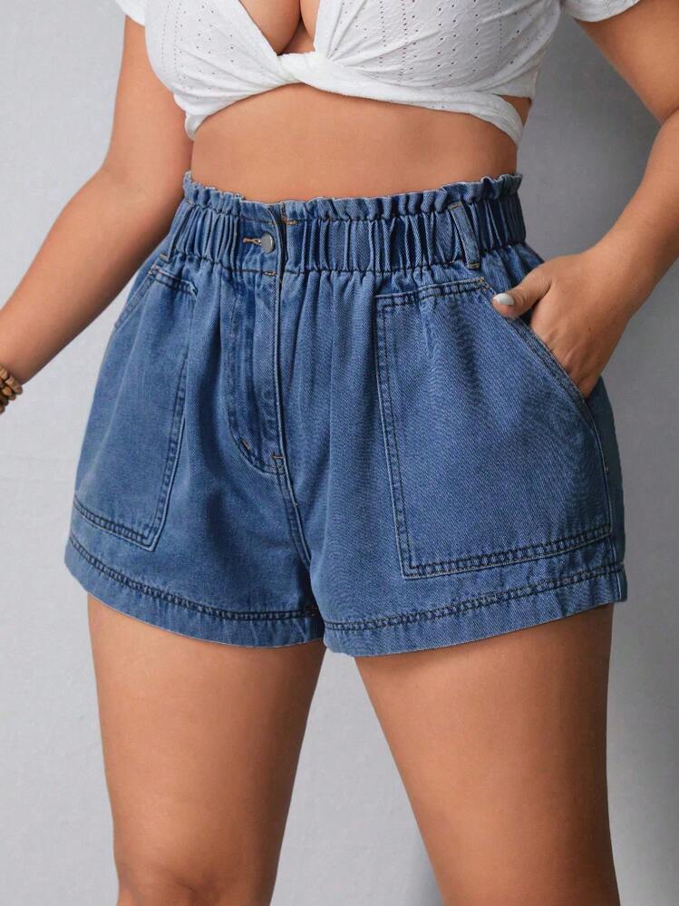 SHEIN LUNE Pantaloni corti estivi casual in denim taglie forti - Blu lavato medio - Visualizzare 6