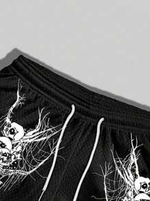 ROMWE MEN Anime Men's Gothic Skeleton Printed Sports Basketball Shorts, 2 In 1 Design, Suitable For Daily Wear, Spring And Summer, School, Halloween - Black and White - View 7