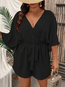 SHEIN 大码女式纯色 V 领镂空系带连体衣 - 黑色 - 查看 3