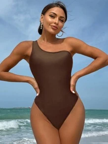 SHEIN X Sofía Suescun Swim SXY 純色不對稱領口露背夏季沙灘連體泳衣 - 咖啡棕 - 查看 5
