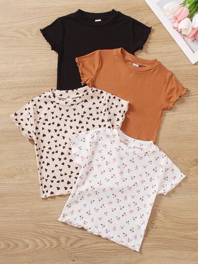 SHEIN Genkimix Kids 4 piezas de camisas lisas y estampadas con corazones con ribete de hojas para niñas jóvenes para el verano