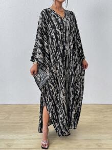SHEIN Clasi 女士条纹蝙蝠袖 V 领开衩长衬衫罩衫连衣裙长款女装 - 黑色 - 查看 7