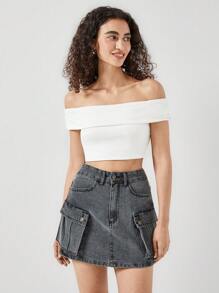 SHEIN Cottnline HIGH  WAIST MINI SKIRT CARGO POCKETS - Grey - View 4