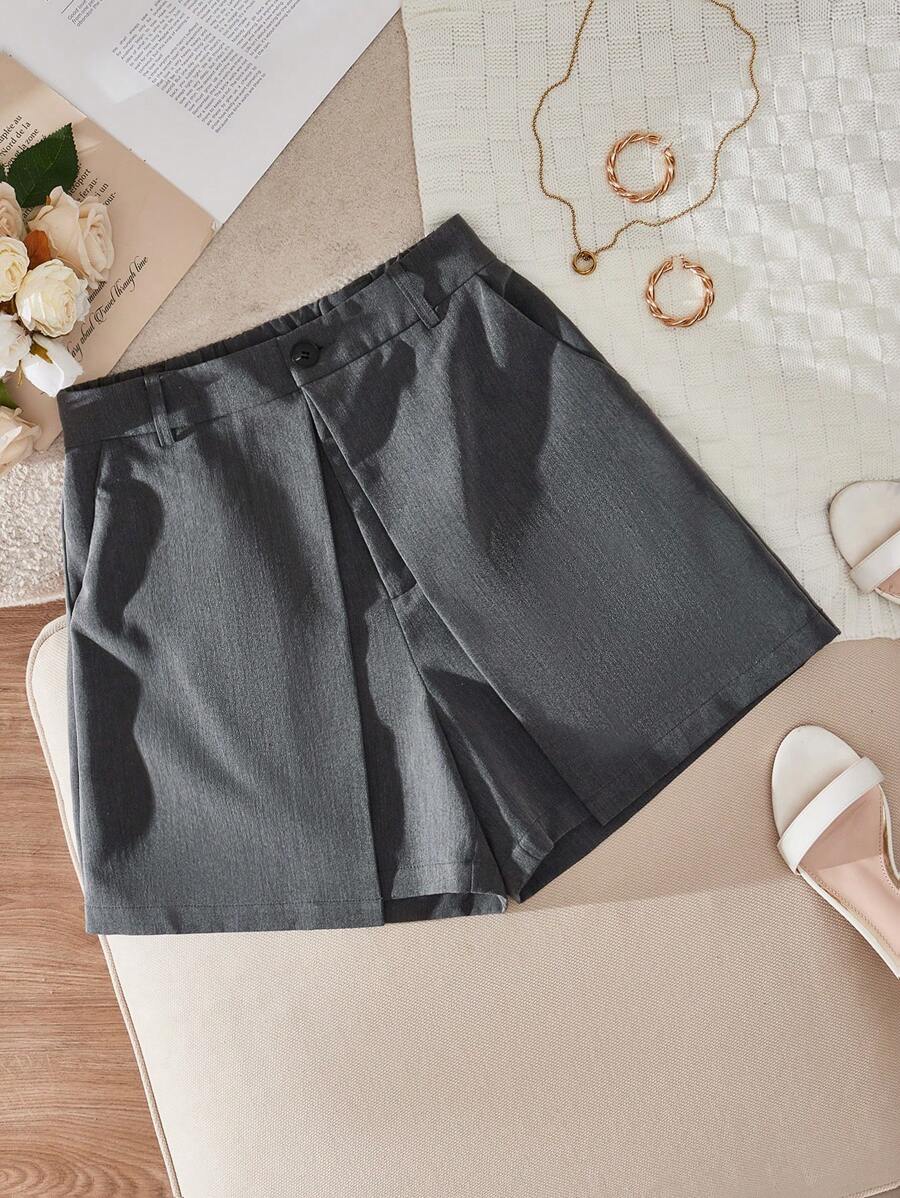 SHEIN Privé 女士灰色皺褶高腰短褲 - 深灰色 - 查看 1