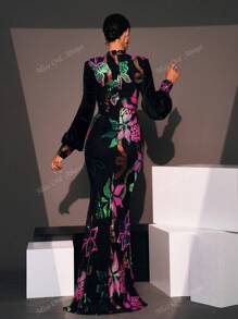 Women's Long Sleeve Prom Dress With Random Print, Black Elegant Formal Evening Wedding Guest Gown, For Graduation, Dinner Party Dress