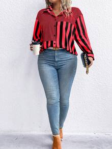 SHEIN LUNE Áo sơ mi trễ vai in sọc Plus - Đỏ - Xem 7