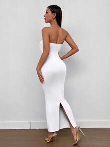 SHEIN PETITE Split Back Tube Summer Women Outfit Dress,Summer Dresses For Women,White Graduation Dress - White - View 2