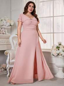 Plus Size Pink With V-Neck And Ruffle Trim Chiffon Bridesmaid Dress - Pink - View 6