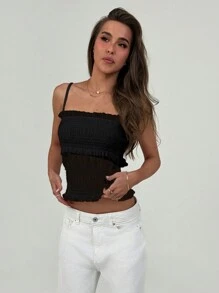 Aloruh Áo thun nữ màu trắng kết cấu bó sát lãng mạn Date Tank Top - màu đen - Xem 3
