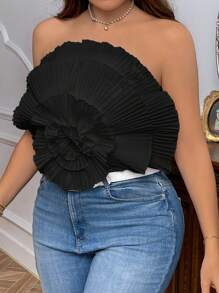 SHEIN Privé Plus Size Exquisite Pleated Tight Fit Women's Top For Spring/Summer Vacation, Date Night Or Beach Party - Black - View 4