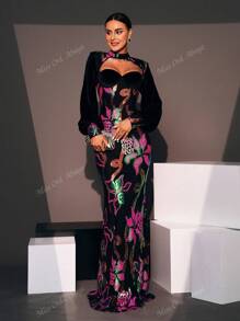 Women's Long Sleeve Prom Dress With Random Print, Black Elegant Formal Evening Wedding Guest Gown, For Graduation, Dinner Party Dress