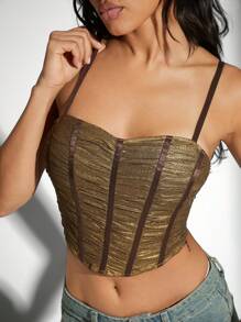 Hauture Glitter Mesh Ruched Corset Cami Strap Top - Brown - View 3