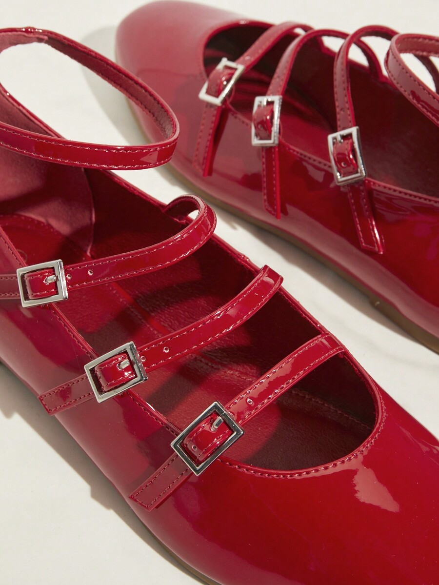 SHUZIA New Women's Cherry Red Buckle Strap Patent Wide Fit Summer Flat