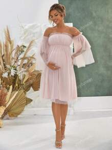 Joyfunear Elegant Maternity Off Shoulder Ruffle Sleeve Mesh Dress