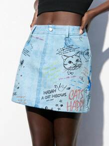 Maija Women's Back To School A-Line Denim Skirt With Graffiti Print - Blue - View 7