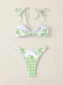 SHEIN Swim Set Bikini Seksi Wanita Motif Kotak-kotak dan Bunga untuk Pantai Musim Panas - Lime Green - View 2