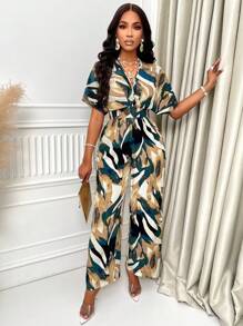 VaVaBold Allover Print Batwing Sleeve Belted Jumpsuit For Summer - Brown - View 5