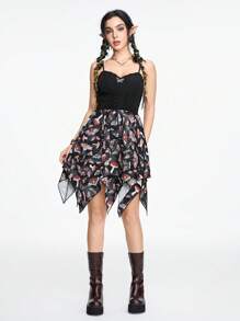 ROMWE Fairycore 女士拼布蘑菇蝴蝶印花系带不对称下摆连衣裙