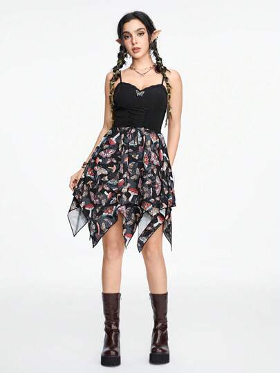 Fairycore Vestido asimétrico con estampado de mariposa con seta patchwork y lazo para mujeres