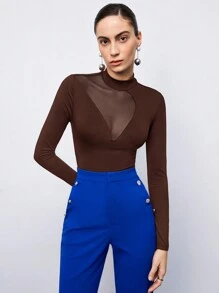 Maija Slim Fit Stand Collar Contrast Mesh Brown Bodysuit For Women - Brown - View 7
