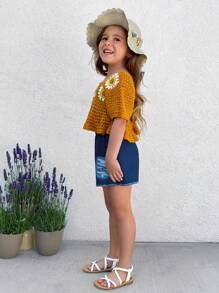SHEIN Young Girl Flower Pattern Square Neck Sunflower Crochet Cropped Cover Ups