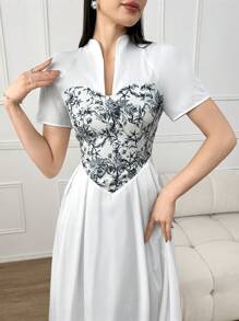 Modelyn Blumen Muster Kurzarm Kleid Lange Abendkleider