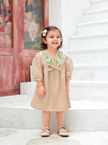 SHEIN Baby Girls' Retro Embroidered Dress With Bow Decoration - Apricot - View 4