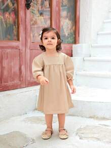 SHEIN Baby Girls' Retro Embroidered Dress With Bow Decoration - Apricot - View 5