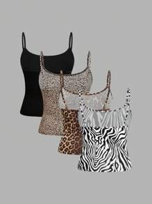 SHEIN EZwear 4 件套豹纹和斑马纹简约无袖吊带背心，女士，夏季 - 彩色 - 查看 2