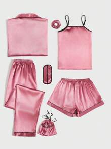 LuxeNights 女士春夏仿丝刺绣睡衣套装，7件套，包括衬衫、长裤、吊带背心、短裤等，秋冬皆宜，舒适优雅。 - 玫紅色 - 查看 2