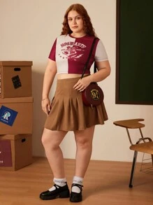 HARRY POTTER X SHEIN Camiseta de talla grande casual clásica con bloque de color y diseño de Hogwarts, adecuada para uso diario