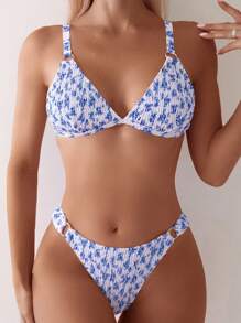 Swim Mod Women's Summer Beach Ditsy Floral Sexy Bikini Set - Random Pattern - Blue and White - View 4