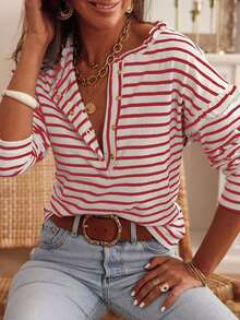 Women's Red Striped Print Ruffled Buttoned Long Sleeve Top - Red - View 1