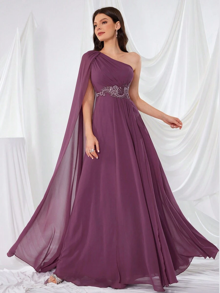 UNITHORSE Asymmetrical Neck Chiffon Dress With Embroidered Sequins And Beads On Waist, Party Dress Wedding Guest Dress Formal Dress Evening Dress,Gown - Red Violet - View 1