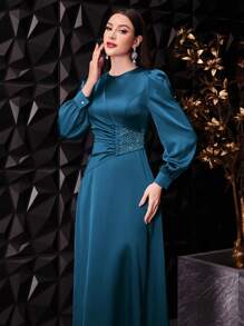 Veilorie Ladies' Solid Color Simple Daily Long Sleeve Dress Long Evening Dresses - Teal Blue - View 4