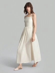 Ontre Women's Apricot Color Long Strap Cotton Dress, Autumn Dress For School & Casual Wear
