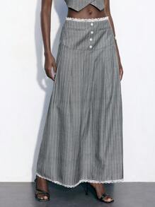 Maija Falda A-Line casual y vintage con volantes en el dobladillo, parches de encaje y rayas grises para mujer, primavera verano