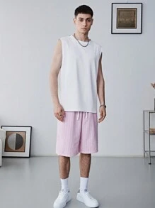 Manfinity Hypemode Men's Striped Print Drawstring Waist Fashionable Casual Shorts - Pink - View 4