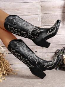 2024年秋冬新款女款黑色尖頭西靴，粗跟，刺繡細節，中筒，戶外流行，牛仔靴 - 黑色 - 查看 6