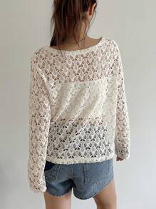 DAZY 女士长袖透明网眼圆领上衣外出上衣夏季 - 杏色 - 查看 2