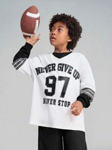 SHEIN Camiseta De Punto De Cuello En V Con Bloque De Color Para Niños, Estampado De Letras Y Números En Los Hombros Caídos