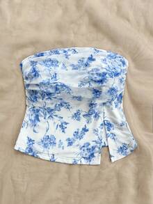 Soleia Blau-Weiß bedrucktes Urlaubs-Bandeau-Top für Damen mit Schlitz - Blau-Weiß - Übersicht 5