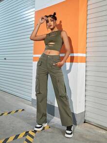 街側翻蓋口袋直筒工裝褲 - 軍綠色 - 查看 3