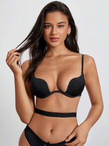 Plain Underwire Bra With 1pc Strap - Black - View 1