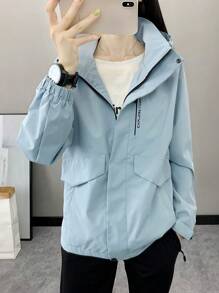 女士春秋戶外軟殼夾克，薄款防水透氣徒步旅行防風運動外套 - 藍色 - 查看 1