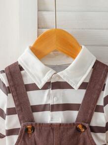 Polo Collar Striped Short Sleeve T-Shirt And Overall Shorts Retro American Country Style Fashionable Outfit For Baby Boys